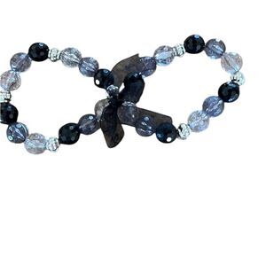 NWT Angela’s Designs black grey clear silver bead double bracelet organza bow